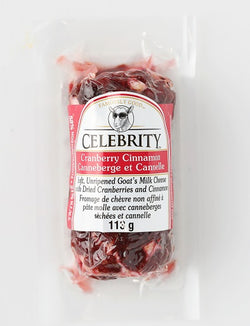 113 gram package of Celebrity soft unripened goats milk cheese with dried cranberries and cinnamon