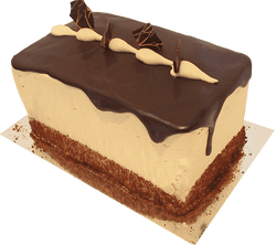 3.5" X 5.5" Alternating layers of classic white sponge cake, mocha and chocolate buttercream.