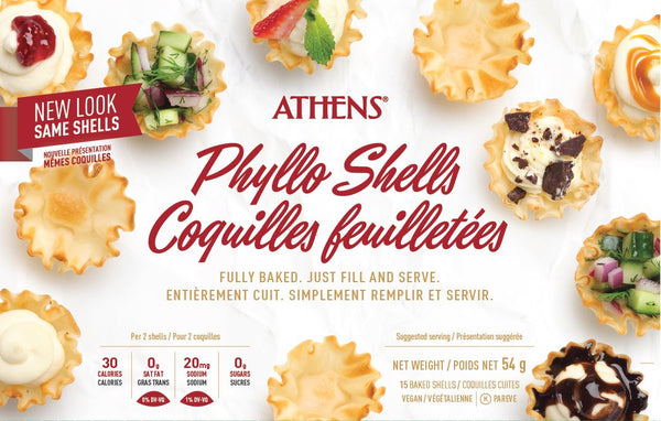 54 gram box of Athens Mini Phyllo Shells. 15 baked shells per box.