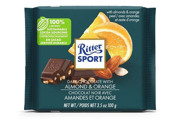 100 gram Ritter Sport Dark Chocolate with Almond and Orange.  Made with100% Certified Sustainable Cocoa Sourcing