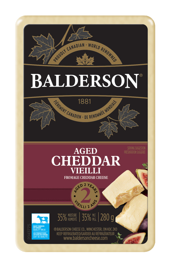 280 gram package of Balderson 2 year old aged  Canadian Cheddar.