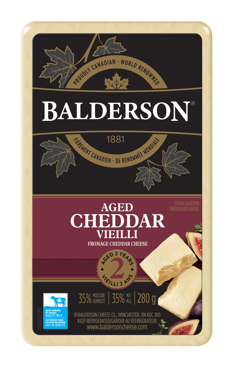 280 gram package of Balderson 2 year old aged  Canadian Cheddar. 