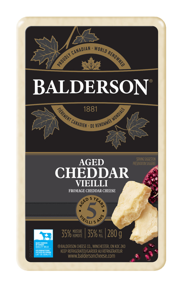 280 gram package of Balderson aged cheddar. Aged 5 years. Canadian Cheese.