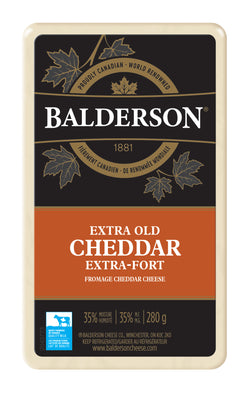 280 gram package of Balderson extra old white Canadian cheddar.