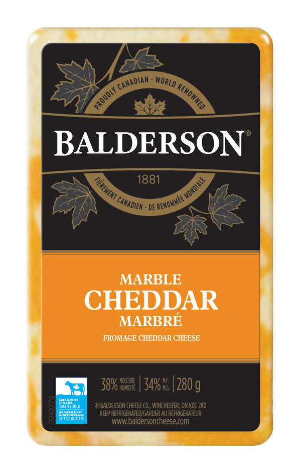 280 gram package of  Balderson marble cheddar cheese. 