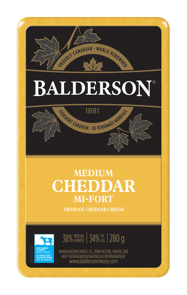 280 gram package of Balderson Medium Canadian  Cheddar.