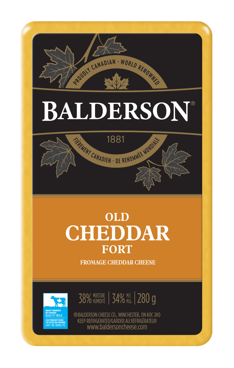 280 gram package of Balderson Old Cheddar orange colour. Canadian cheese.