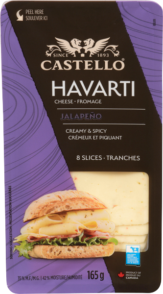 Packaged Castello Havarti Jalapeno cheese slices with a sandwich image on the packaging.