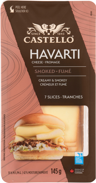 Castello Havarti cheese packaging with a hamburger illustration on a brown background