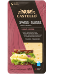 Packaging of Castello Swiss cheese slices with branding and product details.