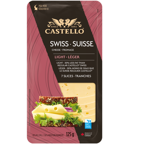 Packaging of Castello Swiss cheese slices with branding and product details.