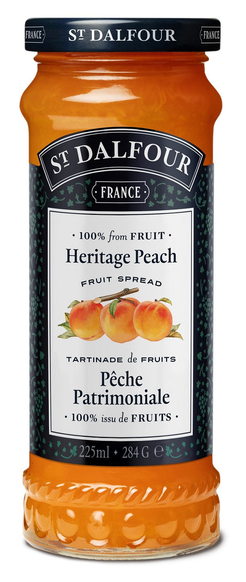 225 ml jar of St. Dalfour Heritage Peach Fruit Spread.