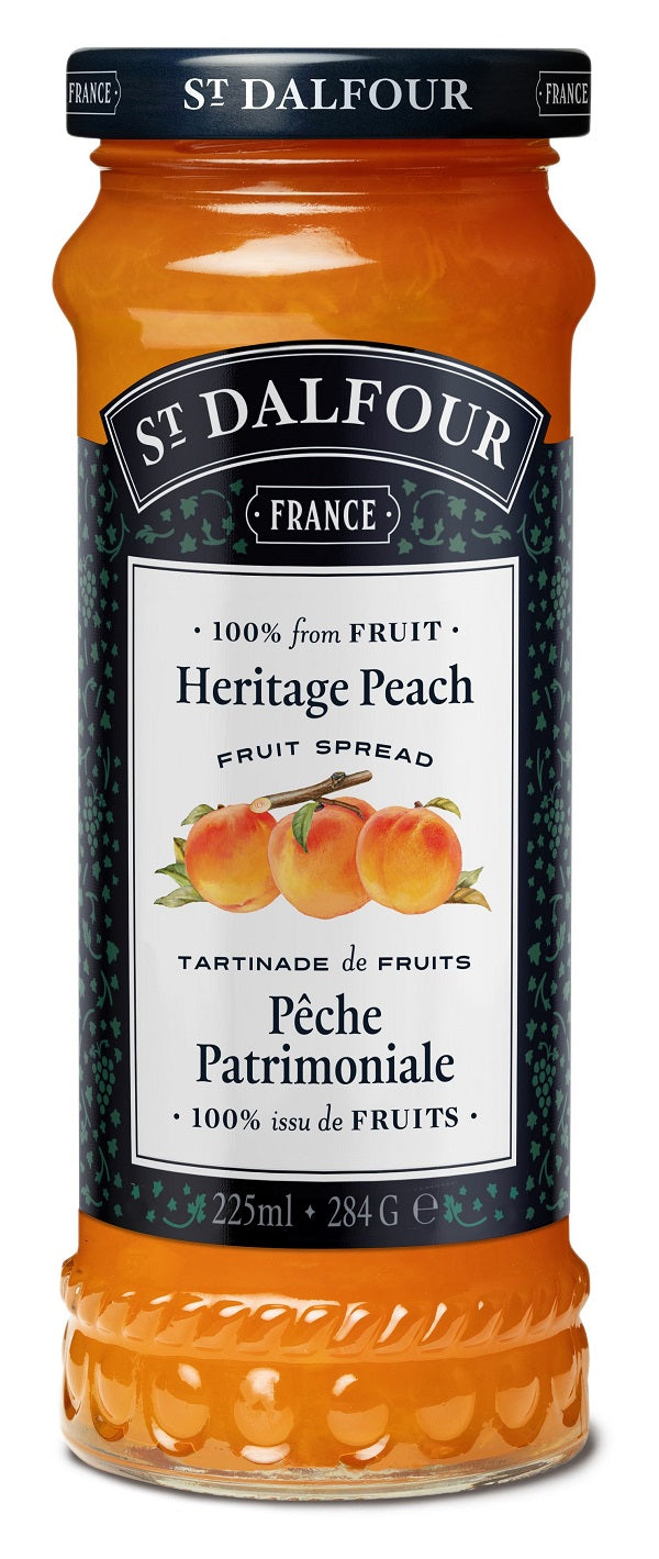 225 ml jar of St. Dalfour Heritage Peach Fruit Spread.
