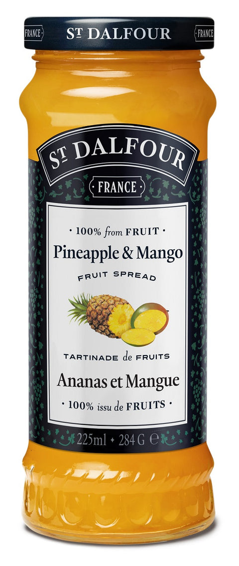 225 ml jar of St. Dalfour Pineapple and Mango  Fruit Spread.
