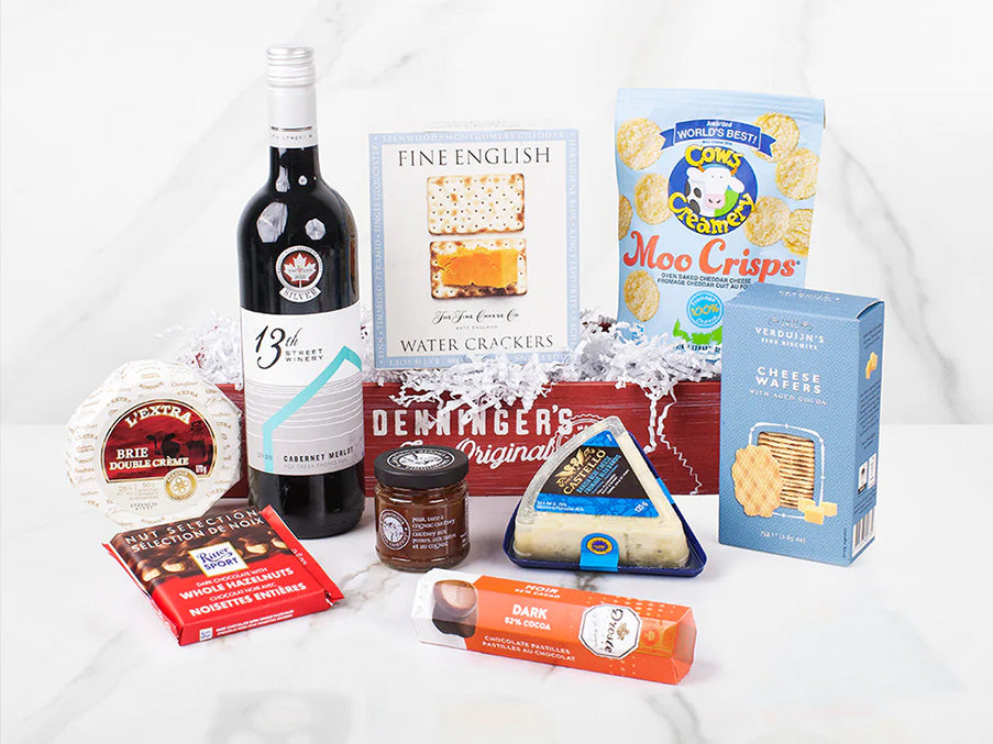 Denningers gift box containing various cheese, cracker and wine products