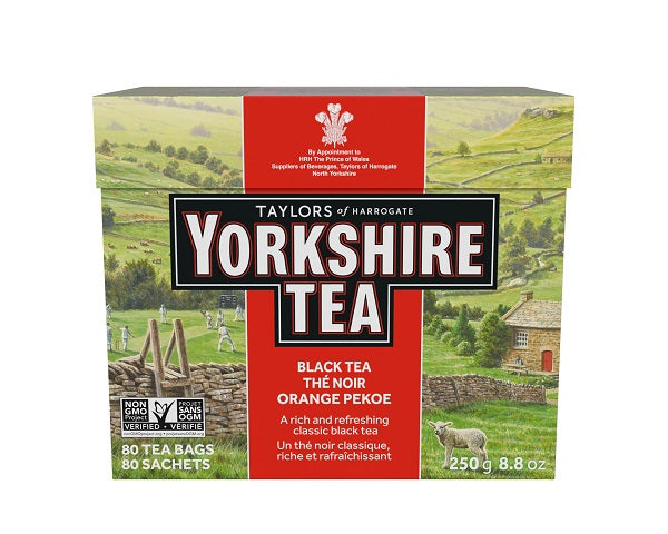 250 gram box of Taylors of Harrogate Yorkshire Tea Orange Pekoe. 80 tea bags in the box