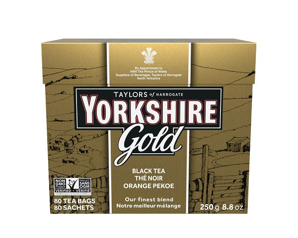250 gram box of Taylors of Harrogate Yorkshire Gold Black Tea. 80 tea bags in the box.