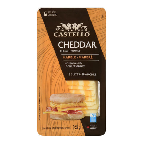 Packaged cheese slices by Castello with a white background