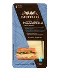 Packaged mozzarella cheese slices by Castello on a white background