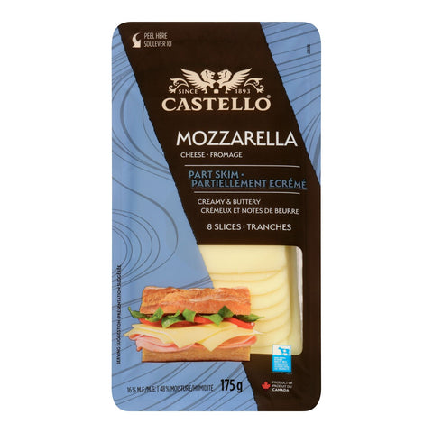 Packaged mozzarella cheese slices by Castello on a white background