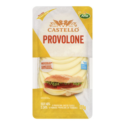 Packaged Castello Provolone cheese with a sandwich illustration on a white background