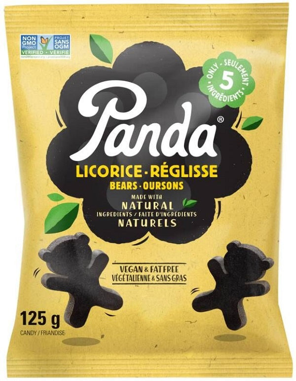 125 gram bag of Panda Licorice Bears. Made with Natural Ingredients, Vegan and Fat Free