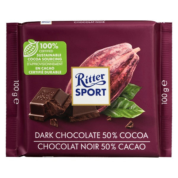 100 gram Ritter Sport Dark Chocolate  50% Cocoa. Made with 100% certified sustainable cocoa sourcing.
