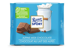 100gram Ritter Sport Alpine Milk Chocolate Bar made with 100% Certified Sustainable Cocoa Sourcing.