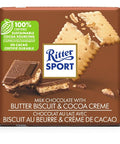 100 gram Ritter Sport Milk Chocolate with a butter biscuit and cocoa creme. Made from 100% Certified sustainable cocoa sourcing.