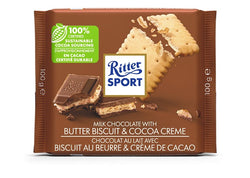 100 gram Ritter Sport Milk Chocolate with a butter biscuit and cocoa creme. Made from 100% Certified sustainable cocoa sourcing.