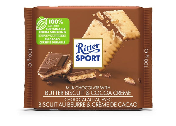 100 gram Ritter Sport Milk Chocolate with a butter biscuit and cocoa creme. Made from 100% Certified sustainable cocoa sourcing.