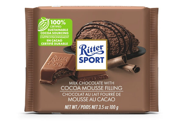 100gram Ritter Sport Milk Chocolate Bar with Cocoa Mousse Filling. Made with 100% Certified Sustainable Cocoa Sourcing.