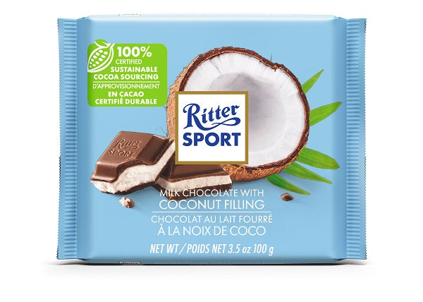 100 g Ritter Sport Milk Chocolate with Coconut Filling. Made 100% Certified Sustainable Cocoa Sourcing.