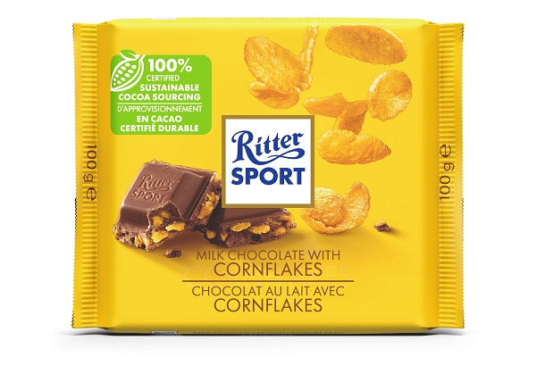 100 gram Ritter Sport Milk Chocolate with Cornflakes Bar. Made with 100% Certified Sustainable Cocoa Sourcing