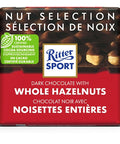 100 gram Ritter Sport Dark Chocolate Bar with Whole Hazelnuts. Made with 100% Certified sustainable cocoa sourcing.