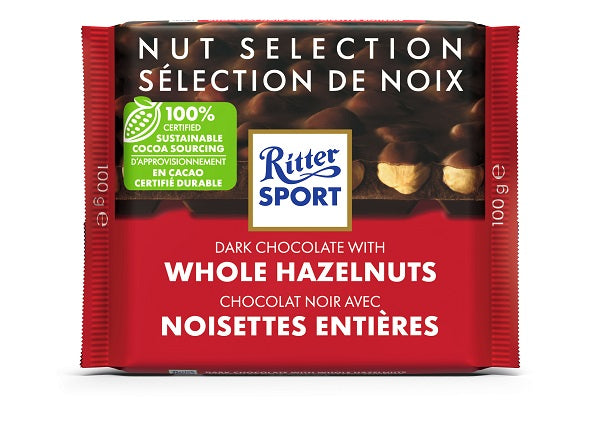 100 gram Ritter Sport Dark Chocolate Bar with Whole Hazelnuts. Made with 100% Certified sustainable cocoa sourcing.