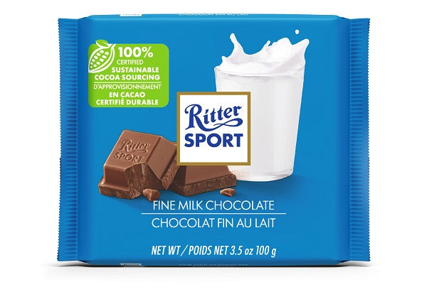 100 gram Ritter Sport Chocolate Bar made with milk . Made with 100% certified sustainable cocoa sourcing.