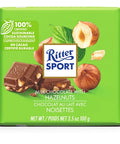 100 gram Ritter Sport Milk Chocolate Bar with  hazelnuts. Made with 100% certified sustainable cocoa sourcing.