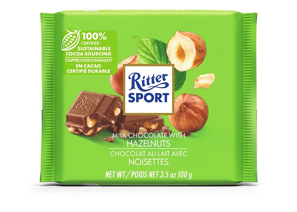100 gram Ritter Sport Milk Chocolate Bar with  hazelnuts. Made with 100% certified sustainable cocoa sourcing.