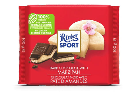100 gram Ritter Sport Chocolate Bar.  Dark Chocolate with Marzipan . Made with 100% certified sustainable cocoa sourcing.