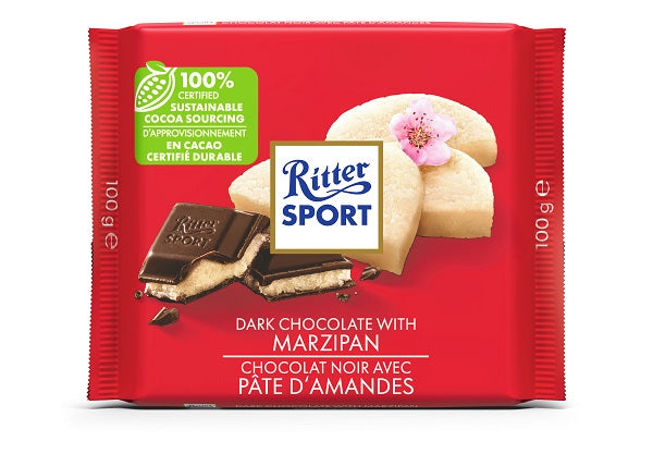 100 gram Ritter Sport Chocolate Bar.  Dark Chocolate with Marzipan . Made with 100% certified sustainable cocoa sourcing. 