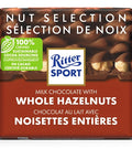 100 gram Ritter Sport chocolate bar. Milk chocolate with whole hazelnuts. Made with %100 certified sustainable cocoa sourcing.