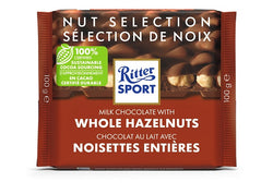 100 gram Ritter Sport chocolate bar. Milk chocolate with whole hazelnuts. Made with %100 certified sustainable cocoa sourcing.