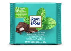 100 gram  Ritter Sport  Dark Chocolate with peppermint filling. 100% certified  sustainable  cocoa sourcing.