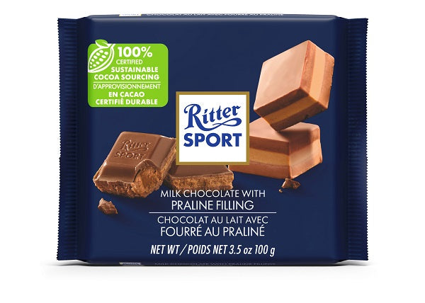 100 gram Ritter Sport milk chocolate bar with  a praline filling. Made from 100% certified sustainable cocoa sourcing.