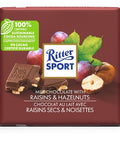 100 gram Ritter Sport milk chocolate bar with  raisins and hazelnuts. Made with 100% certified sustainable cocoa sourcing.