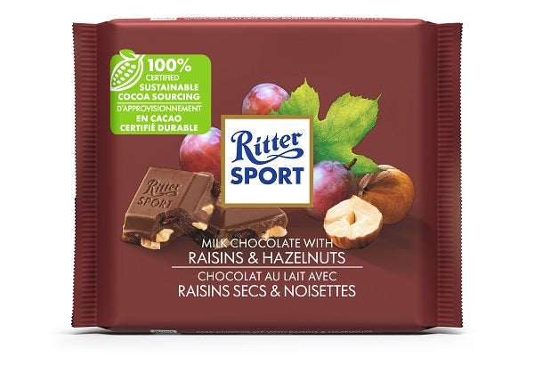 100 gram Ritter Sport milk chocolate bar with  raisins and hazelnuts. Made with 100% certified sustainable cocoa sourcing.