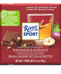 100 gram Ritter Sport Milk Chocolate bar with Rum Raisins and Hazelnuts.  This bar contains 3% alcohol.  Made with 100% certified sustainable cocoa sourcing.