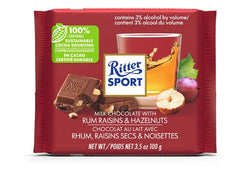 100 gram Ritter Sport Milk Chocolate bar with Rum Raisins and Hazelnuts.  This bar contains 3% alcohol.  Made with 100% certified sustainable cocoa sourcing.