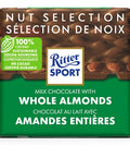 100 gram Ritter Sport milk chocolate bar with whole almonds. Made with 100% certified sustainable cocoa sourcing.